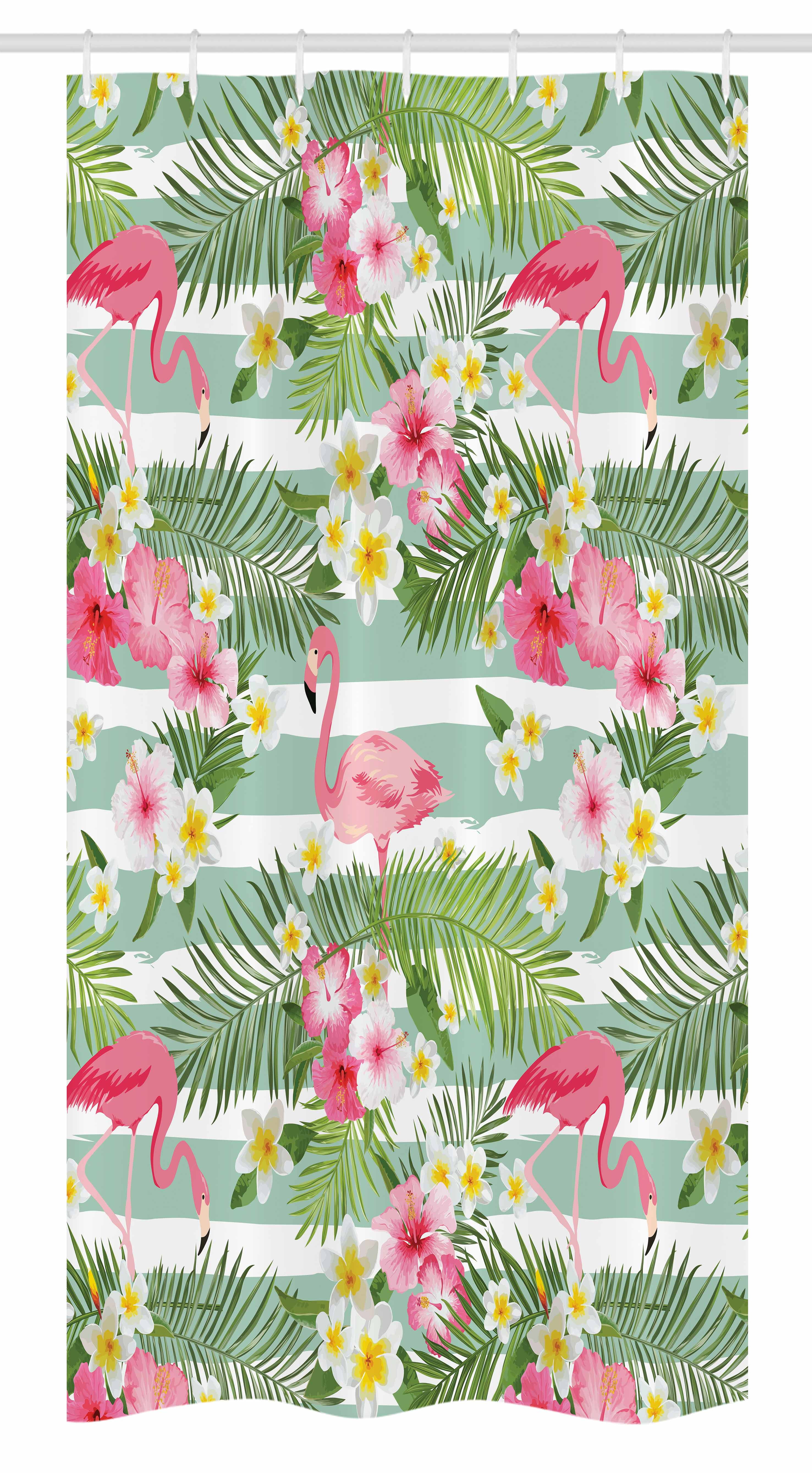 Flamingo Stall Shower Curtain, Flamingos with Exotic Hawaiian Leaves