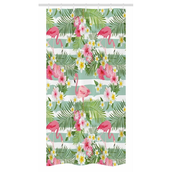 Flamingo Stall Shower Curtain, Flamingos with Exotic Hawaiian Leaves Flowers on Striped Vintage Background, Fabric Bathroom Set with Hooks, 36W X 72L Inches Long, Green Pink White, by Ambesonne