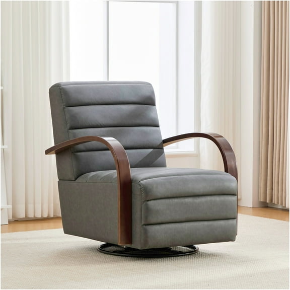 JERFIT Modern 360 Swivel Accent Chair with Channel Tufted Back, PU Leather Upholstery, and Solid Wood Armrests for Living Room, Office, or Bedroom