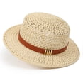 thumbnail image 2 of Women's Summer Retro Straw Fedora Hat Hollow Out Woven Flat Top UV Protection Sun Hat, 2 of 7