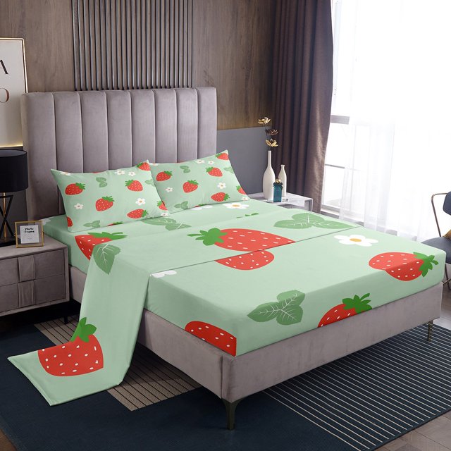 Erosebridal Cartoon Strawberry Sheet Set Twin, Fruit Bedding Sets Twin Size, Flower Daisy Decor, 3 Pieces