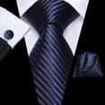 thumbnail image 6 of Hi-Tie Mens Navy Blue Black Striped Tie Set Silk Formal Necktie Pocket Square Cufflink for Wedding Business, 6 of 6