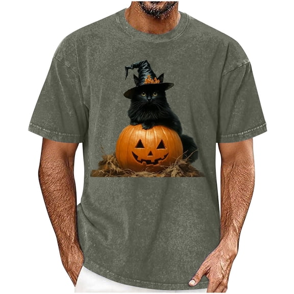 Xdegoge Men Halloween Graphic T-Shirts Funny Cat Witch Hat Pumpkin Print Short Sleeve Novelty Tee Casual Summer Crewneck Tops for Holiday Party Everyday Wear