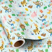 Birthday Wrapping Paper Roll, Mini Roll, Jungle Animal Party Theme with Giraffe, Monkey, Bunny and Happy Birthday Lettering Gift Wrap for Party Celebration, 17 Inches x 16.4 Feet