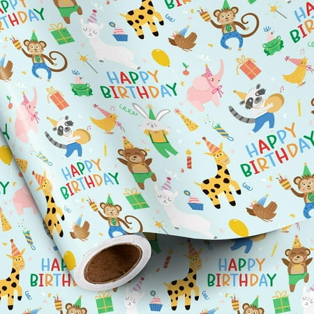 Birthday Wrapping Paper Roll, Mini Roll, Jungle Animal Party Theme with Giraffe, Monkey, Bunny and Happy Birthday Lettering Gift Wrap for Party Celebration, 17 Inches x 16.4 Feet