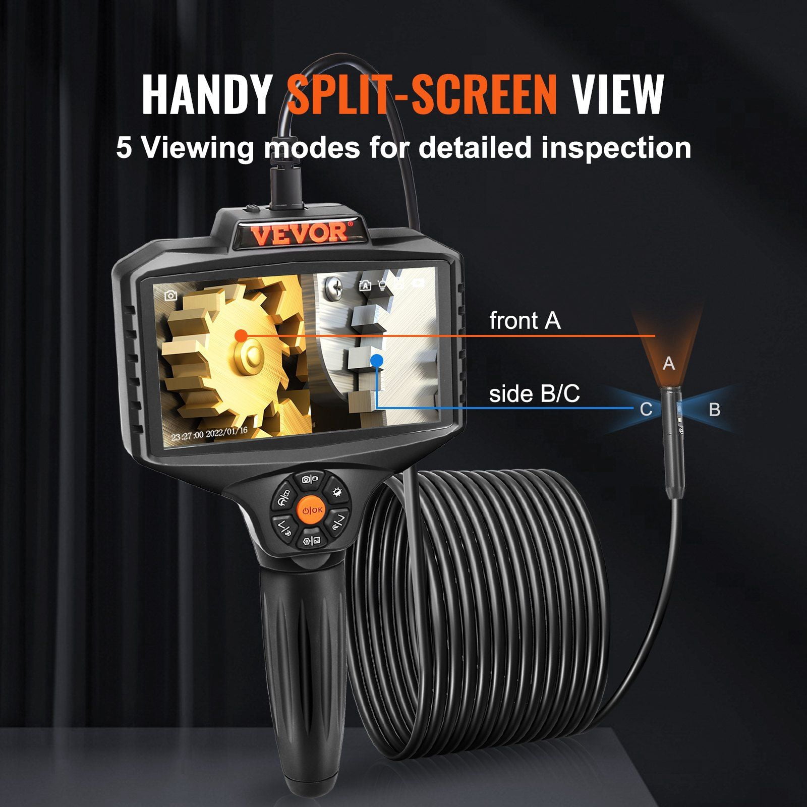 Triple Lens Industrial Endoscope, 5" IPS Screen Borescope Inspection Camera with Lights, Split Screen, 8x Zoom, IP67 Waterproof Drain Snake Camera for Auto, Plumbing(16.5FT Cable, 32GB Card)