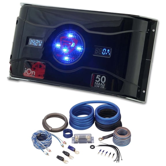 Rockville 0 Gauge 100% Copper Amp Wire Kit+Dual Meter 50 Farad LED Capacitor