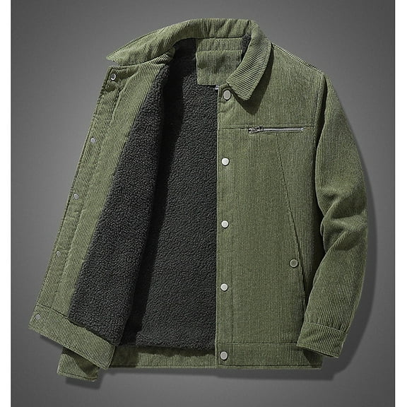 guisaled Men's Corduroy Jackets Fleece Lined Windproof Vintage Sherpa Lapel Button Fashion Solid Thickened Winter Warm Down Coats