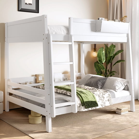 Full Bunk Bed With Storage Shelf and Bookshelf,Wood Bunk Bed with Ladder and Guardrails,Detachable Design,White