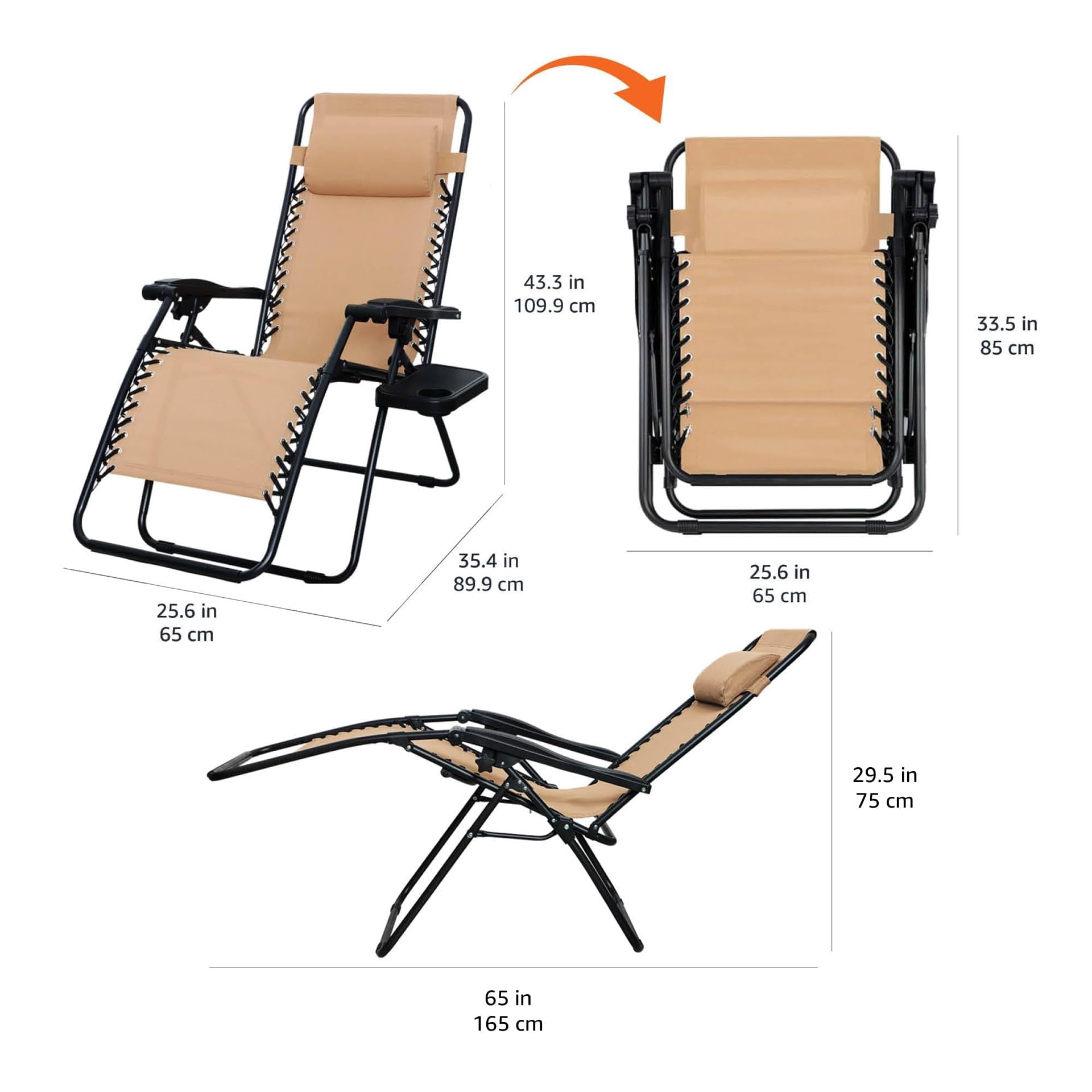 Outdoor Textilene Adjustable Zero Gravity Folding Reclining Lounge Chair Set with Cup Holder, Side Table, Headrest, Weather-Resistant, 35 x 26 x 43 inches, Beige, 2-Pack