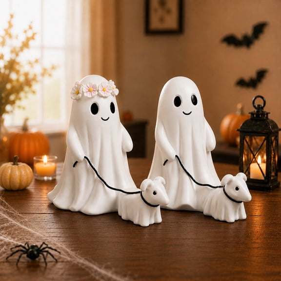 Vidonio Ghost Walking Dog Statue Set, 2 Piece Resin Halloween Figurines, Classic and Flower Crown Tabletop Decor