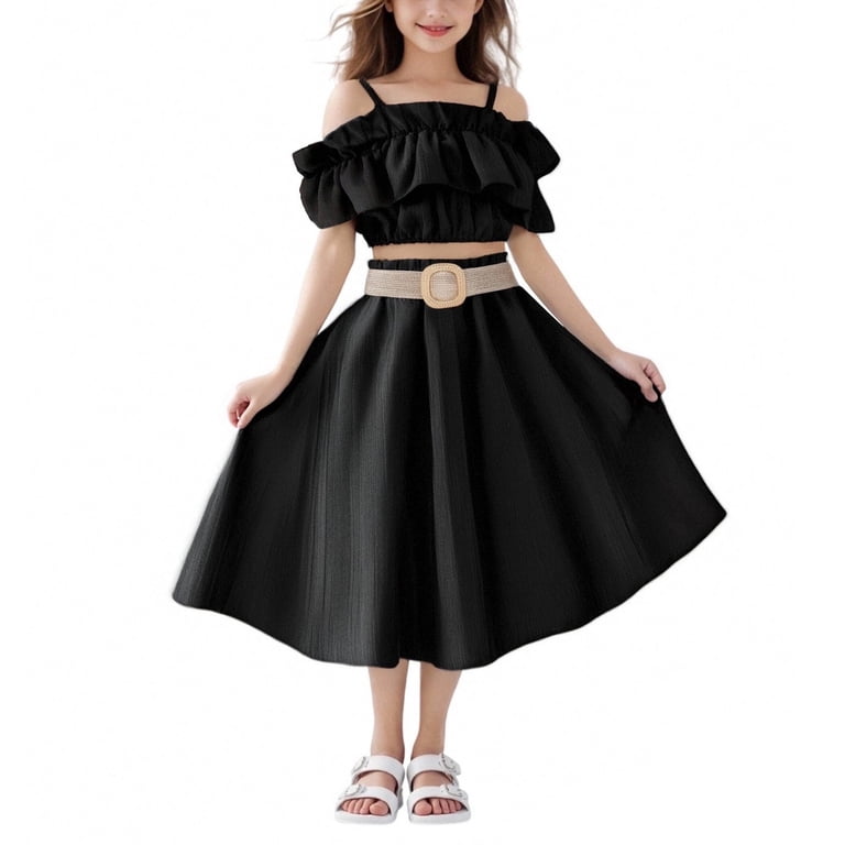 LNWUY Girl's Cute Fashion Ruffle Trim Two Piece Off Shoulder Cami Pleated Mini  Dress Outfits Set With Belt Black 9Y - Walmart.com