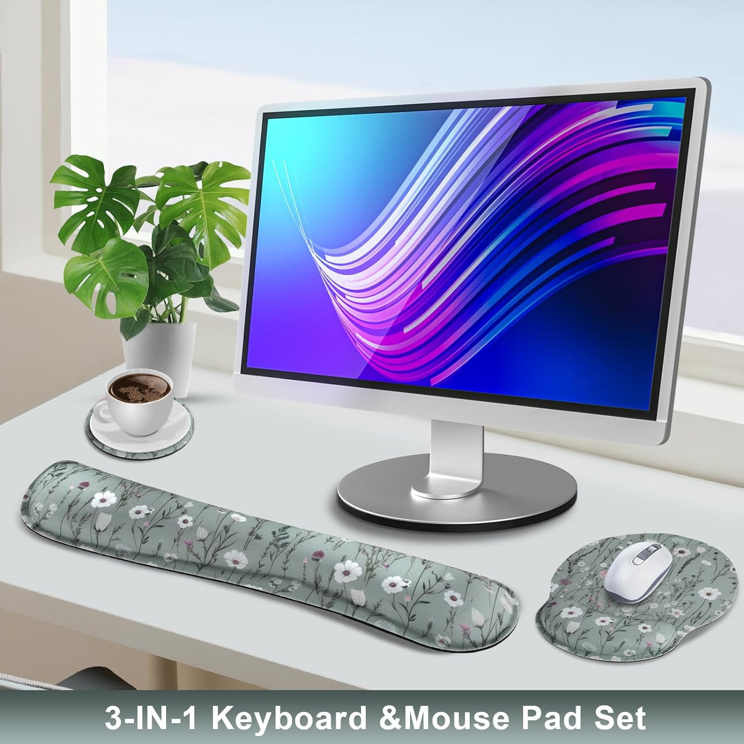 Green Floral Mouse Pad with Wrist Rest and Keyboard Wrist Set, Wildflower Ergonomic Memory Foam Mouse Pad Set for Women, Office, Typing, Gaming