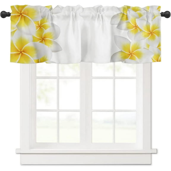 Curtain Valance, Yellow Plumeria Flower Pattern White Background Short Rod Pocket Window Treatment for Living Room, Bedroom, Kitchen, Bathroom, 1 Panel, 54" W x 18" L