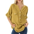 thumbnail image 7 of Pxiakgy Linen Henley Shirts for Women Loose Shirt Solid Color Medium Sleeve Collar Shirt Summer Lightweight V Neck Tops for Women Short Sleeve Plain Tshirts Basic Tees Office Clothes Gold 3Xl, 7 of 7