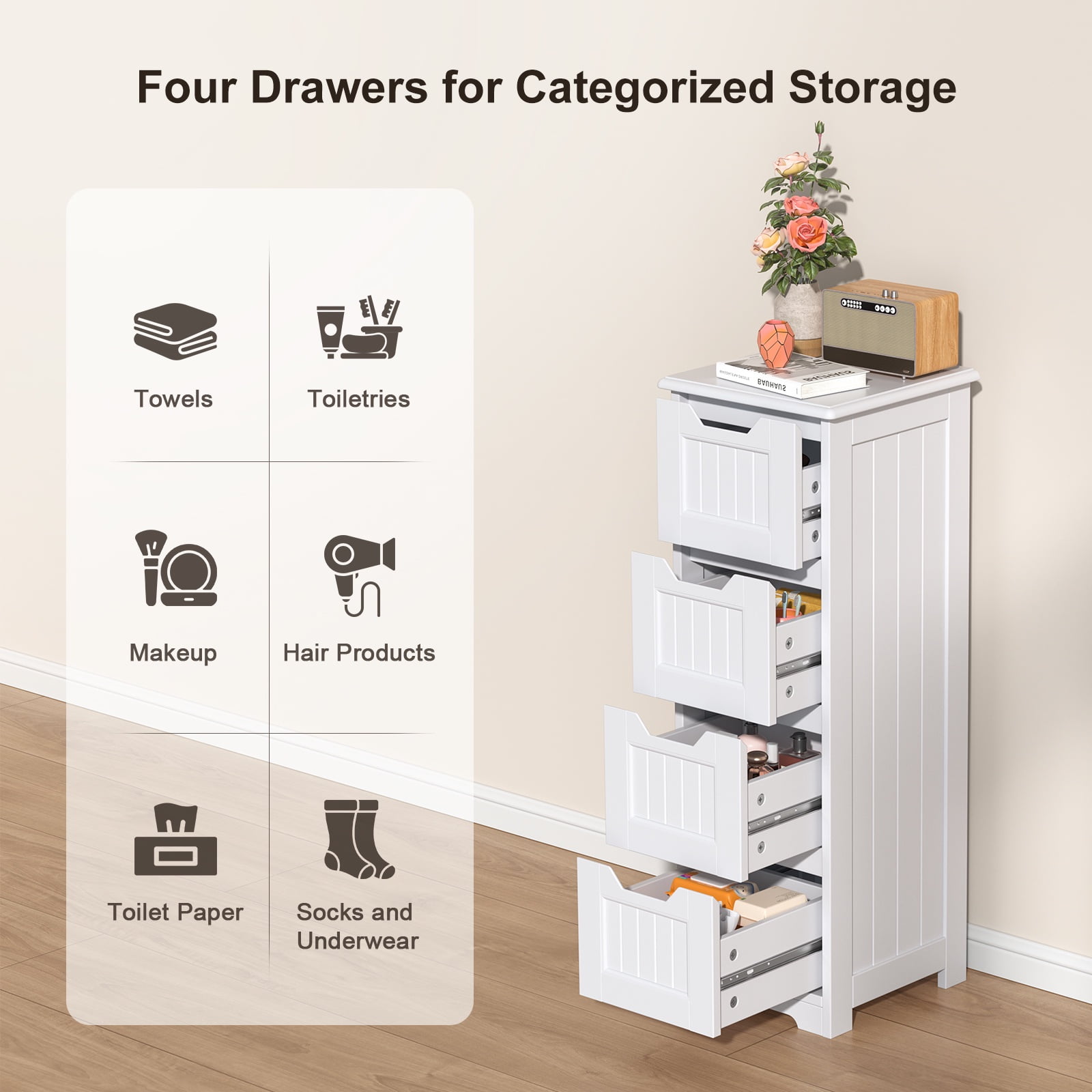 Storage Cabinet, Small Free Standing Narrow Cabinet with 4 Drawers for Living Room, Bedroom, Bathroom,White