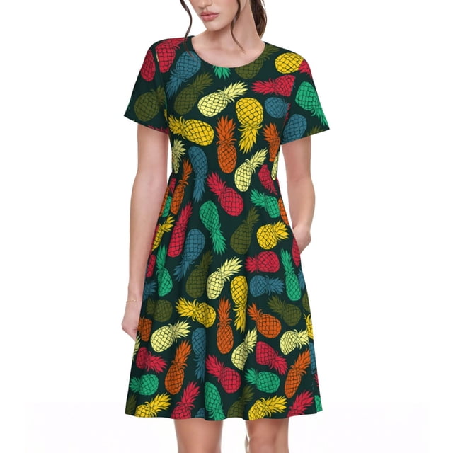 Fotbe Pineapple Fruit Colorful Vestido Largo de Moda para Mujer, Vestido Tipo Camiseta con Manga Corta y Estilo Casual a Rayas y Bloques de Color