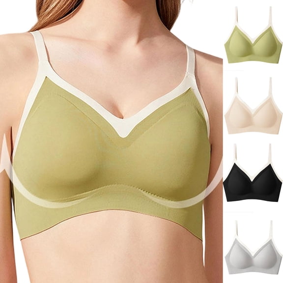 CBASIHI Wireless Triangle Bras for Women- Adjustable Thin Straps Seamless Breathable Mesh Contrast Trim Push Up Supportive Everyday Bras Green Size S-2XL