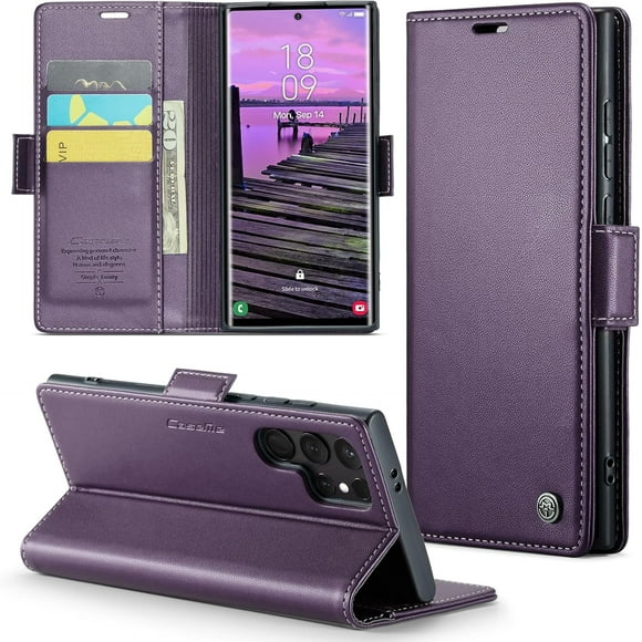 Funda tipo cartera para Samsung S24 Ultra con tarjetero, función atril, bloqueo RFID, cierre magnético, protección a prueba de golpes, de piel sintética, con tapa tipo cartera