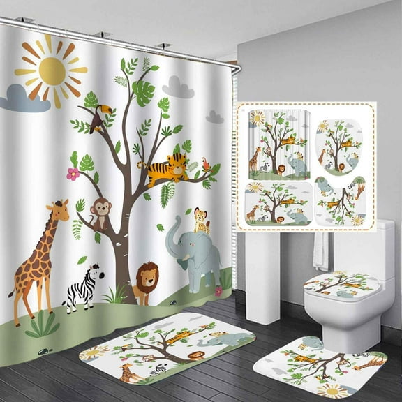 4PCS Cartoon Animal Shower Curtain Sets With Rugs, Waterproof Fabric White Shower Curtain Giraffe Elephant Lion Safari Bear Jungle Wildlife Watercolor Green Eucalyptus Leaf Kids Bathroom Decor