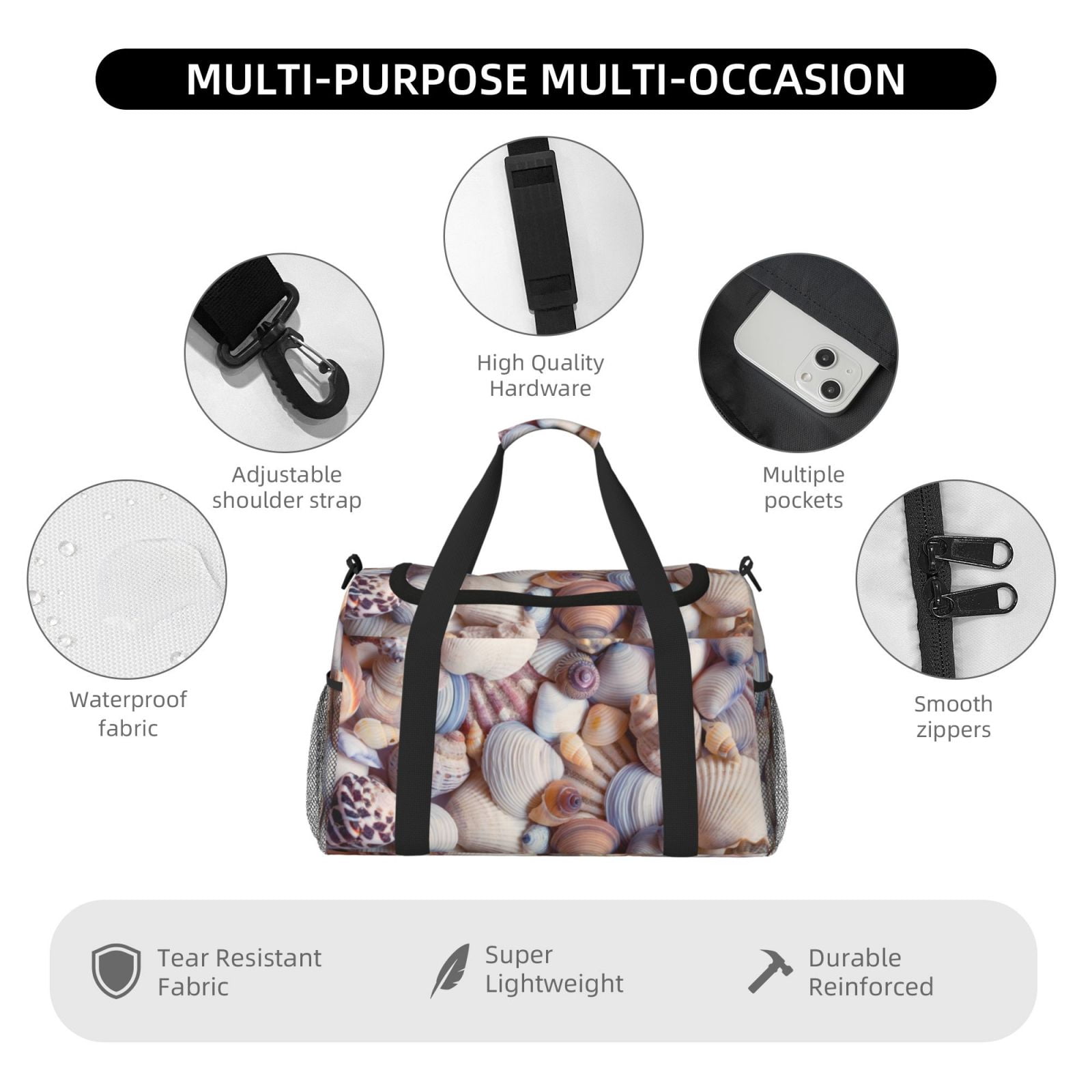 Fuzoiu Sea Shells Print Travel Duffle Bag,Carry On Tote Bags,Duffel Bag,Sport Gym Bag, Hospital Bag for Labor and Delivery, Overnight Bag,Luggage Bag