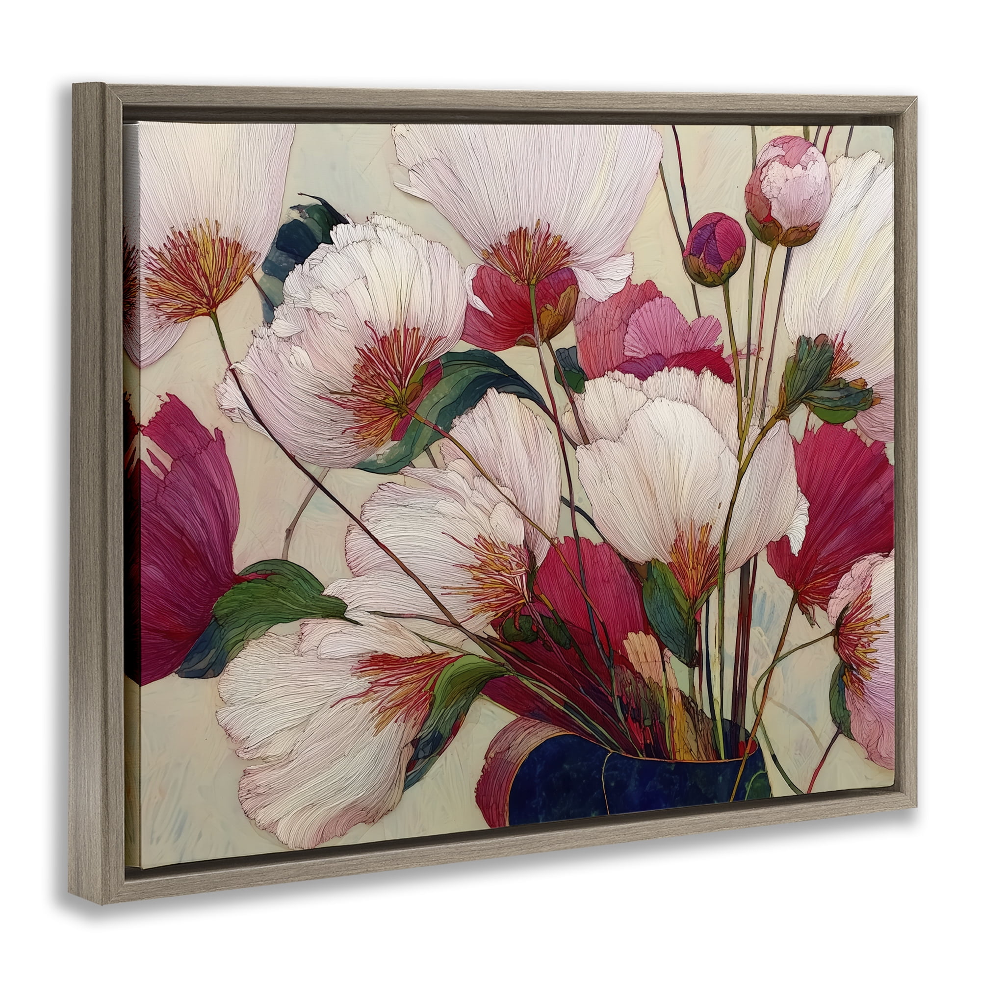 Lush Haiku Pink & White Flowers Brown Framed Floater Canvas Wall Art, design by Annabelle Hall