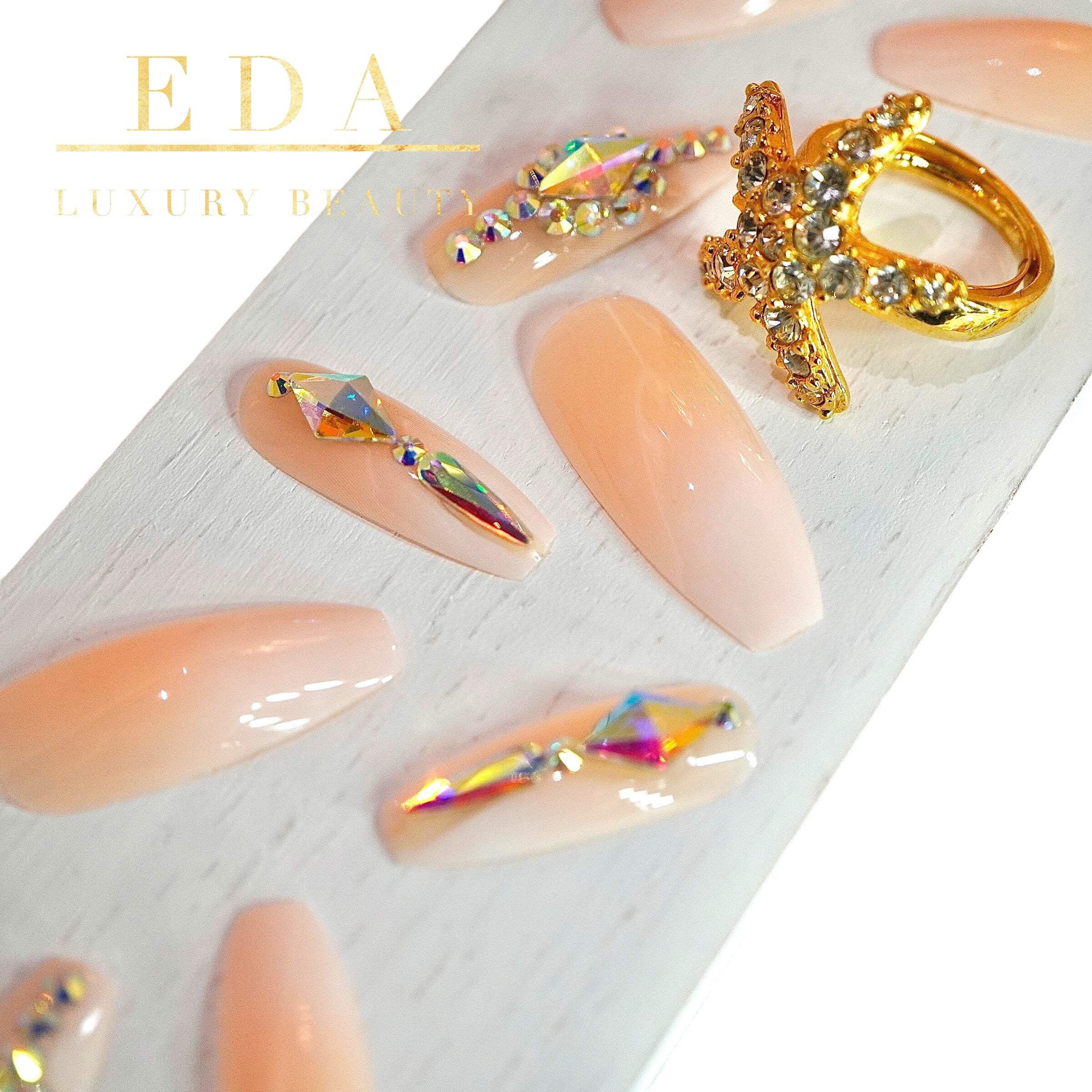 Glitz Gleam, Nude Ombre French 3D Crystal Press On Nails, Extra Long Ballerina Fake Nails Set