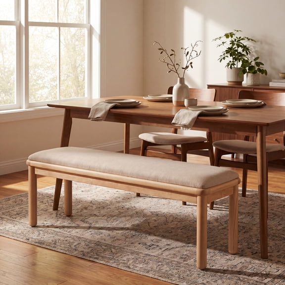 Christopher Knight Home 48" Modern Fabric Upholstered Bench for Entryway, Wood Legs, Beige Natural