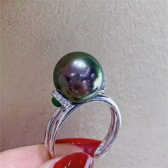 K-KED Gorgeous Huge AAA 10-11 Mm South Sea Black Round Pearl Ring 925s-White