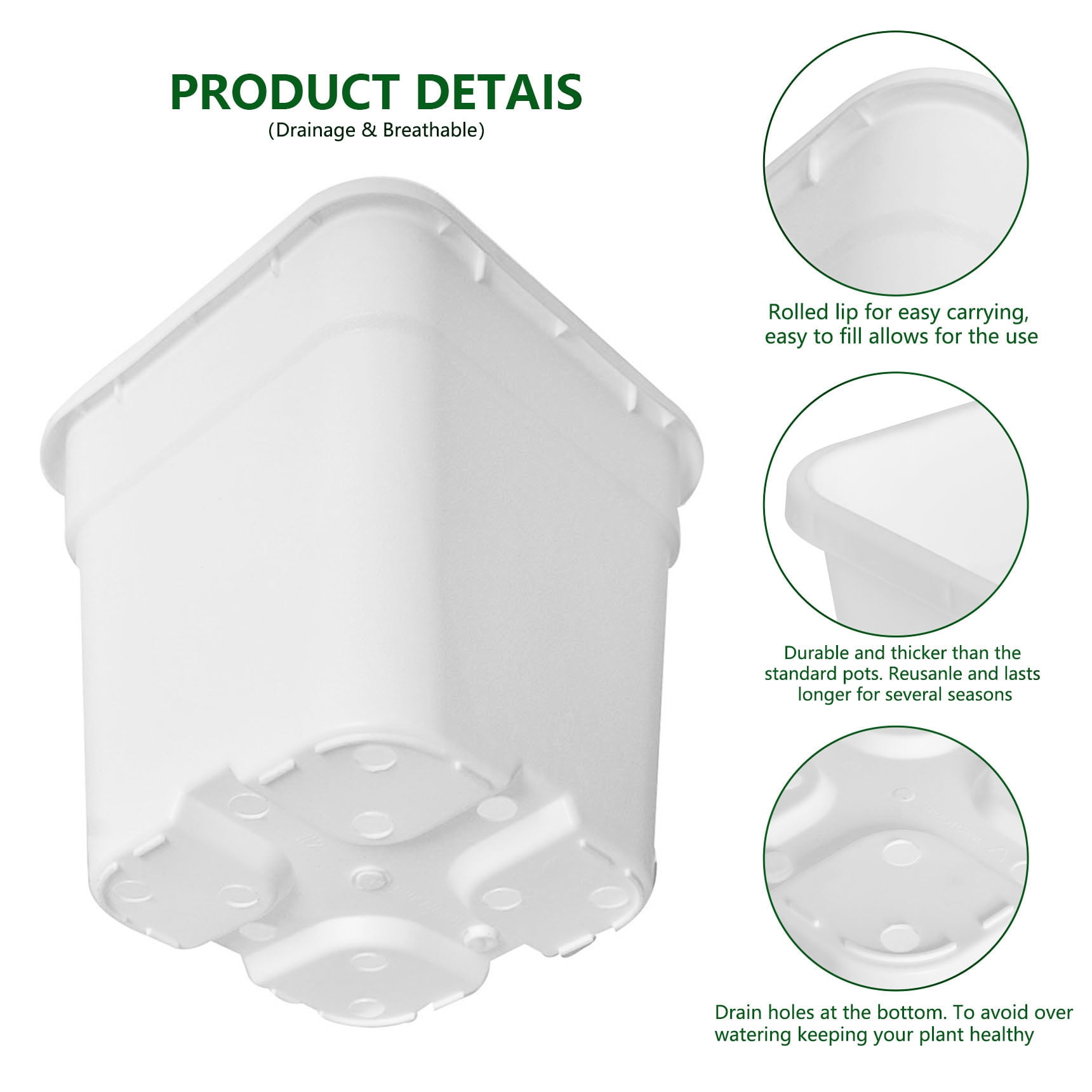 netuera 10-Pack 1 Gallon Square Planter Nursery Pots, Flower Plant Container Injection Molded Plastic Nursery Pots Gardening Pots for Indoor Outdoor Vegetables, Succulents, White