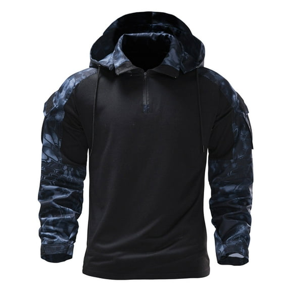 Odeerbi Hooded Sweatshirts for Men Camouflage Stitching Half Zipper Hooded Drawstring Long-sleeved Military Sweater Black