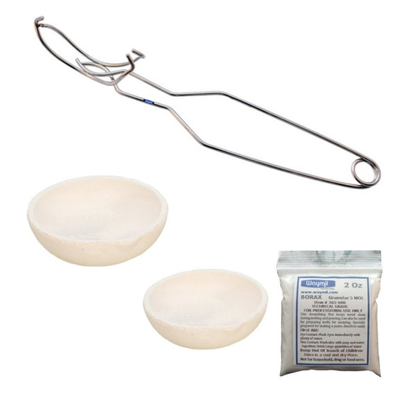 Melting Crucible Dish Set Kit 2 Crucibles Whip Handle & Borax - Melt Gold Silver