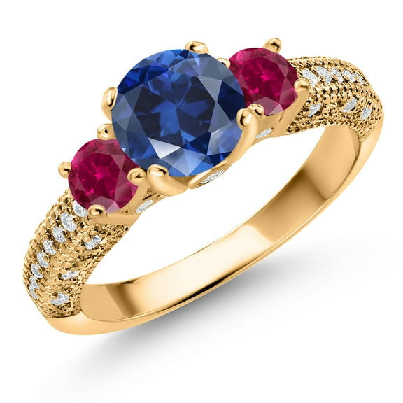 18K Yellow Gold Plated Silver Blue Created Sapphire Red Created Ruby and White Moissanite Engagement Ring for Women (2.18 Cttw, Gemstone September Birthstone, Round 7MM and 4MM, Size 7)