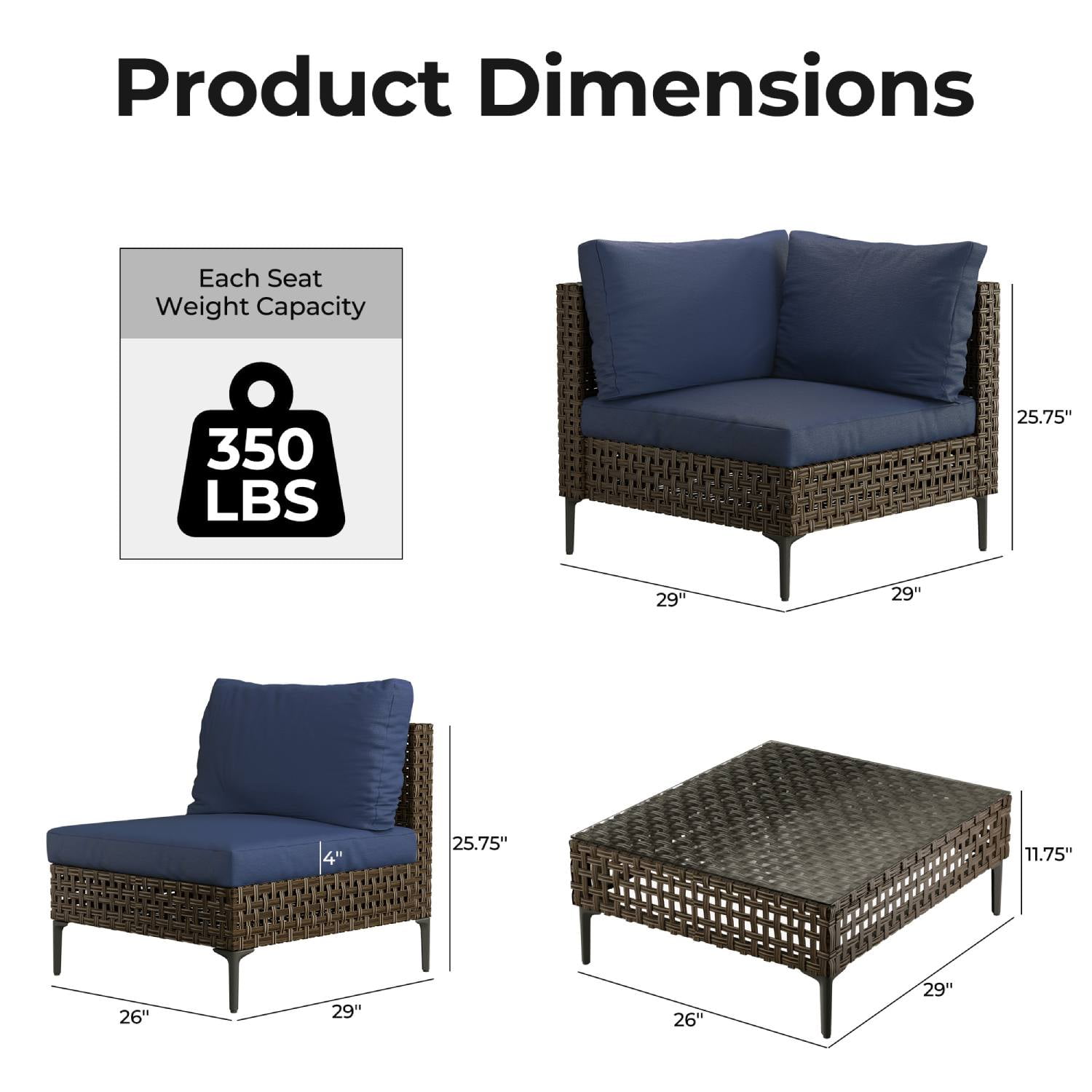 Grand Patio 5-Piece Wicker Patio Furniture Set, Retro Outdoor Conversation Set Sectional Sofa with Water Resistant Blue Thick Cushions and Coffee Table, Brown