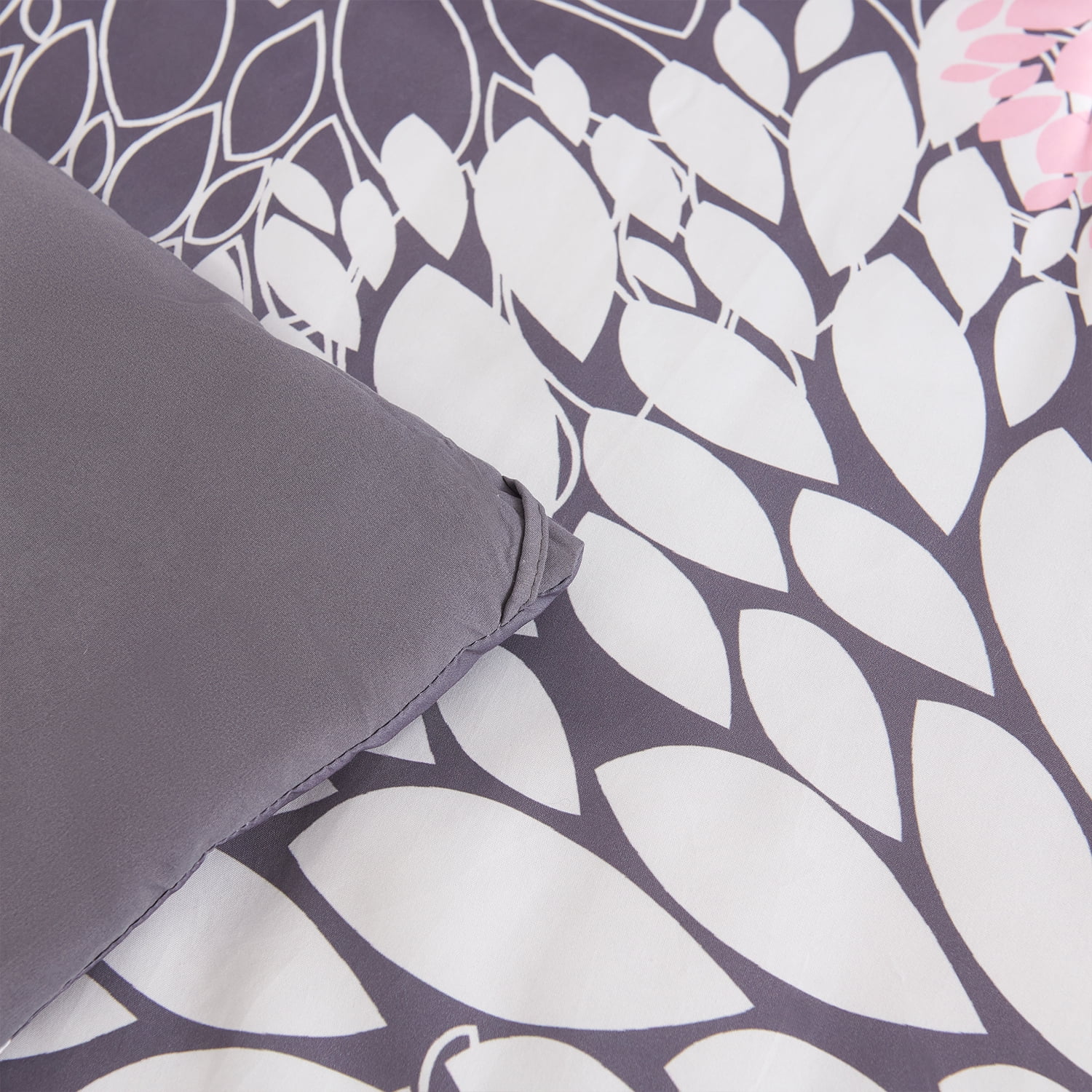 Koniroom Pink and Grey Floral Comforter Set, Botanical Bedding Sets Queen Size with Cute Flowers Printing for Women Teen Girls All Season 3 Pieces Comforters with 2 Pillow Shams (90x90 Inches)