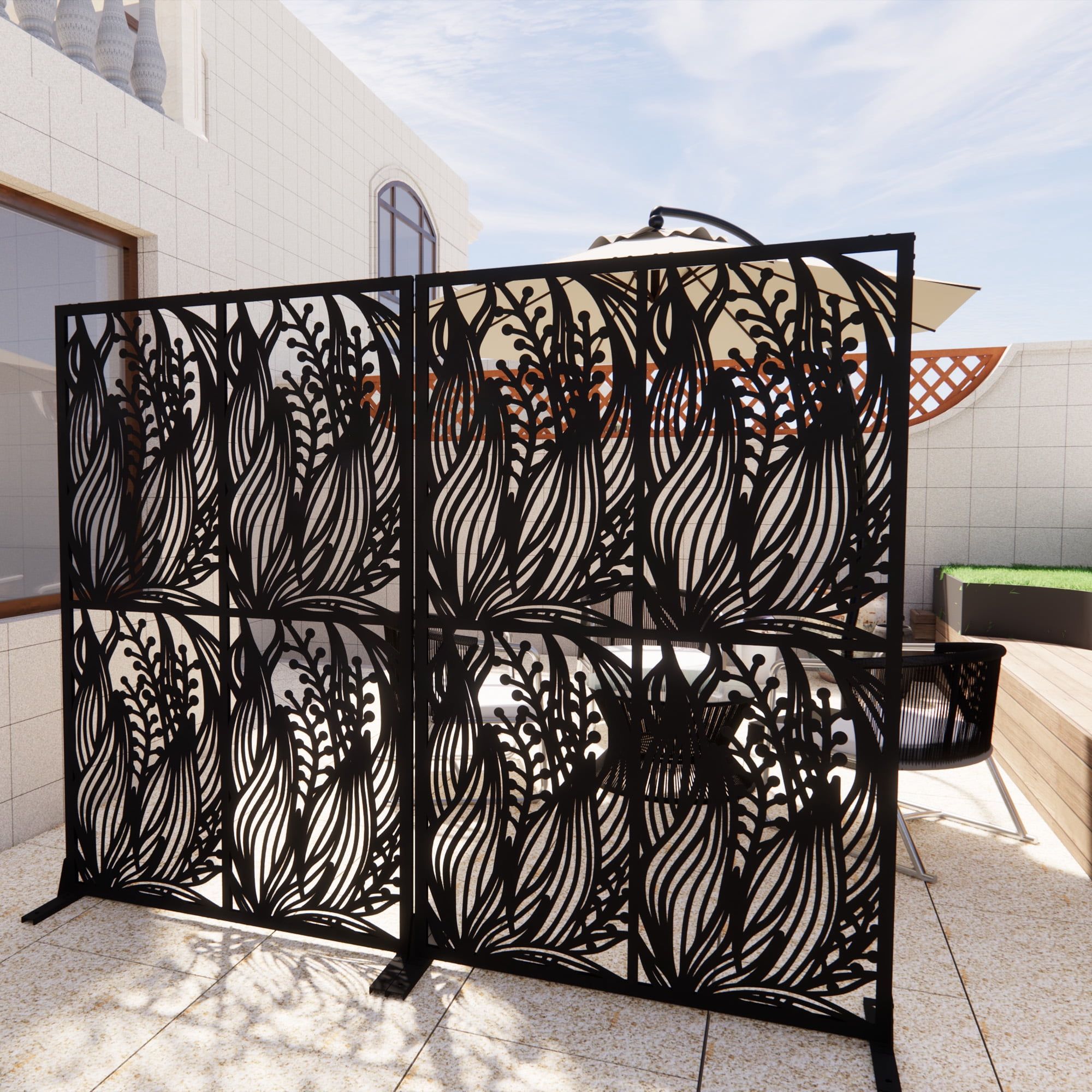 Aukfa Metal Privacy Screens,Outdoor & Indoor Divider w/ Stand Panels Freestanding Screen Set,Leaf Shape Black