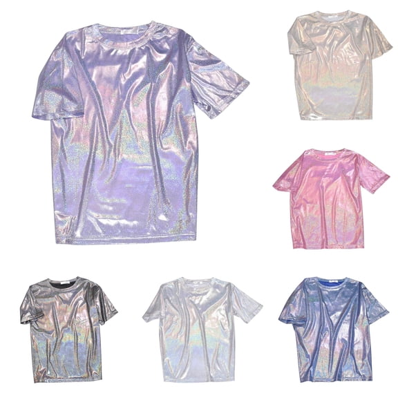 Womens Casual Short Sleeve Top - Shiny Silk Crew Neck Blouse with Loose Fit for Daily Wear