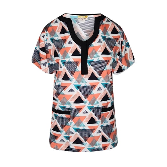 Pepino Uniforms Printed Black Linked Triangles U-Neck Scrub Top