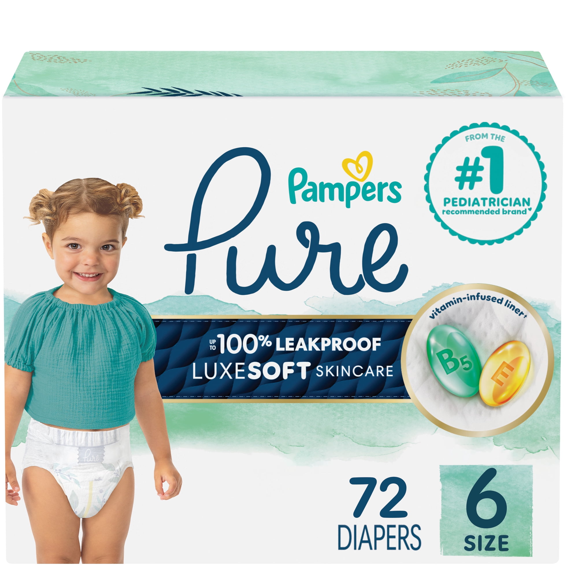 Pampers Pure Baby Diapers, Size 6 (35+ lbs), 72, up to 100% Leakproof
