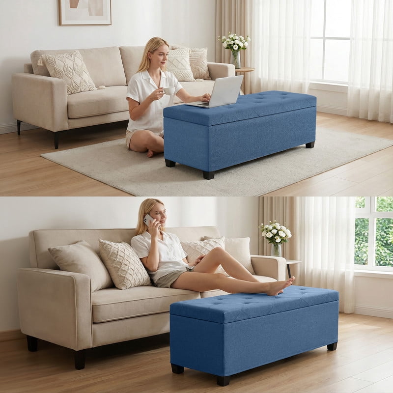 Gianna 43 Inch Storage Ottoman Bench, Tufted Upholstered End of Bed Chest, Foot Rest with Legs, Ample Capacity for Living Room, Entryway, Blue