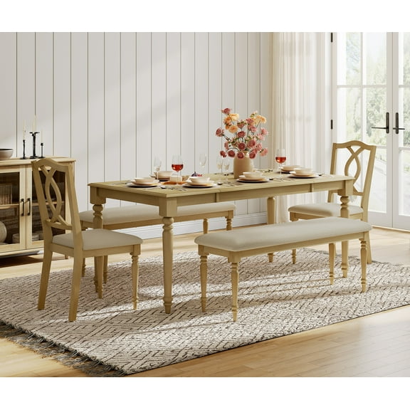 5 Piece Dining Table Set for 6-8 People - Includes One Dining Table, 2 Upholstered Benches, 2 Wood Dining Chairs, Rustic Dining Set for Kitchen, Oak