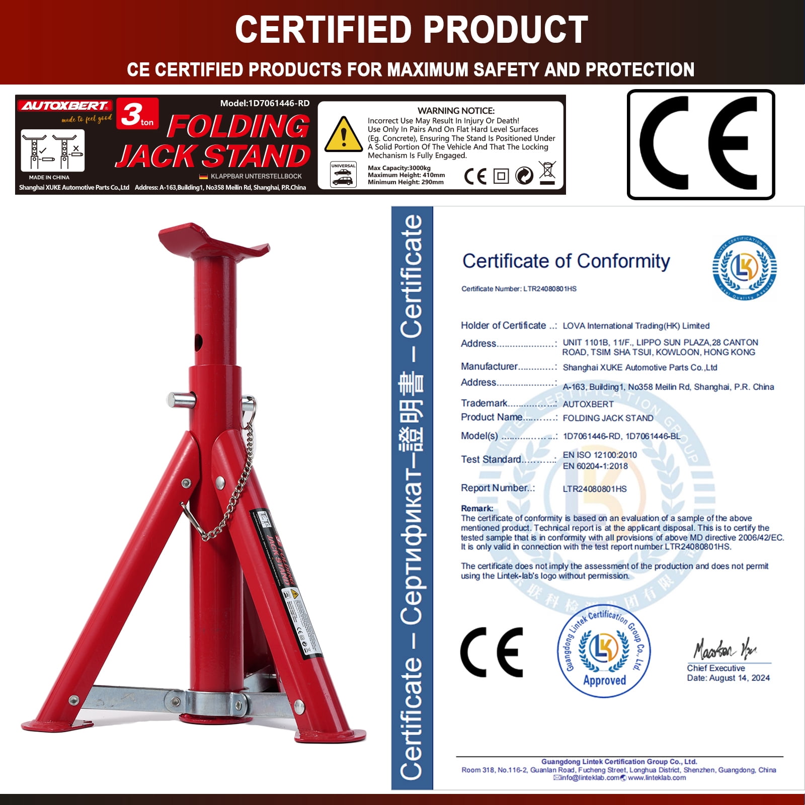 AUTOXBERT Car Jack Stands 3 Ton Car Lifting Caravan Heavy Duty Steel Hoist Support Tools