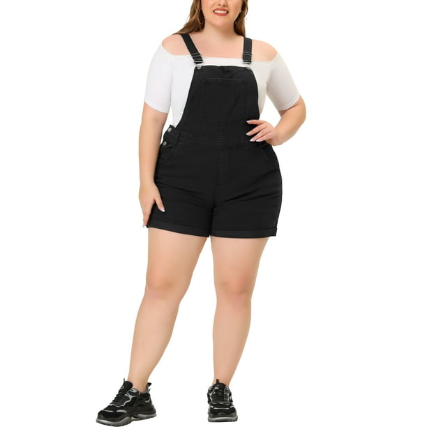 Overoles cortos de mezclilla para mujer de tallas grandes Agnes Orinda, con dobladillo enrollado y bolsillo, 5X, negro