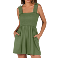 thumbnail image 3 of Women's Summer Casual Smocked Rompers Square Neck Sleeveless Loose Shorts Jumpsuit and Side Pockets 2026 Beach Vacation Outfits Army Green XL, 3 of 5