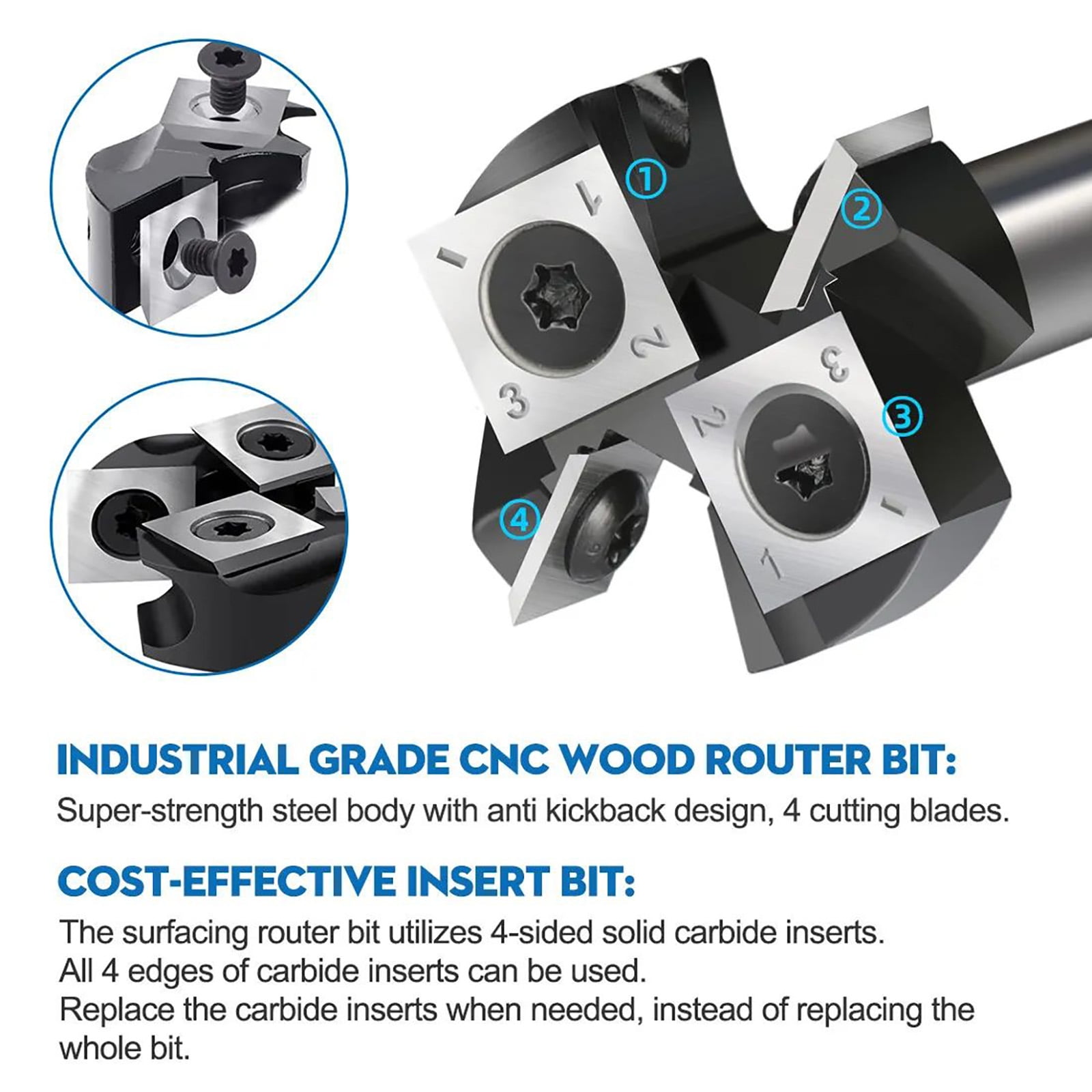 Durable Carbide Surfacing Router Bit 1-1/2" Cutting Diameter, Replaceable Inserts for Smooth Leveling of Wood Material