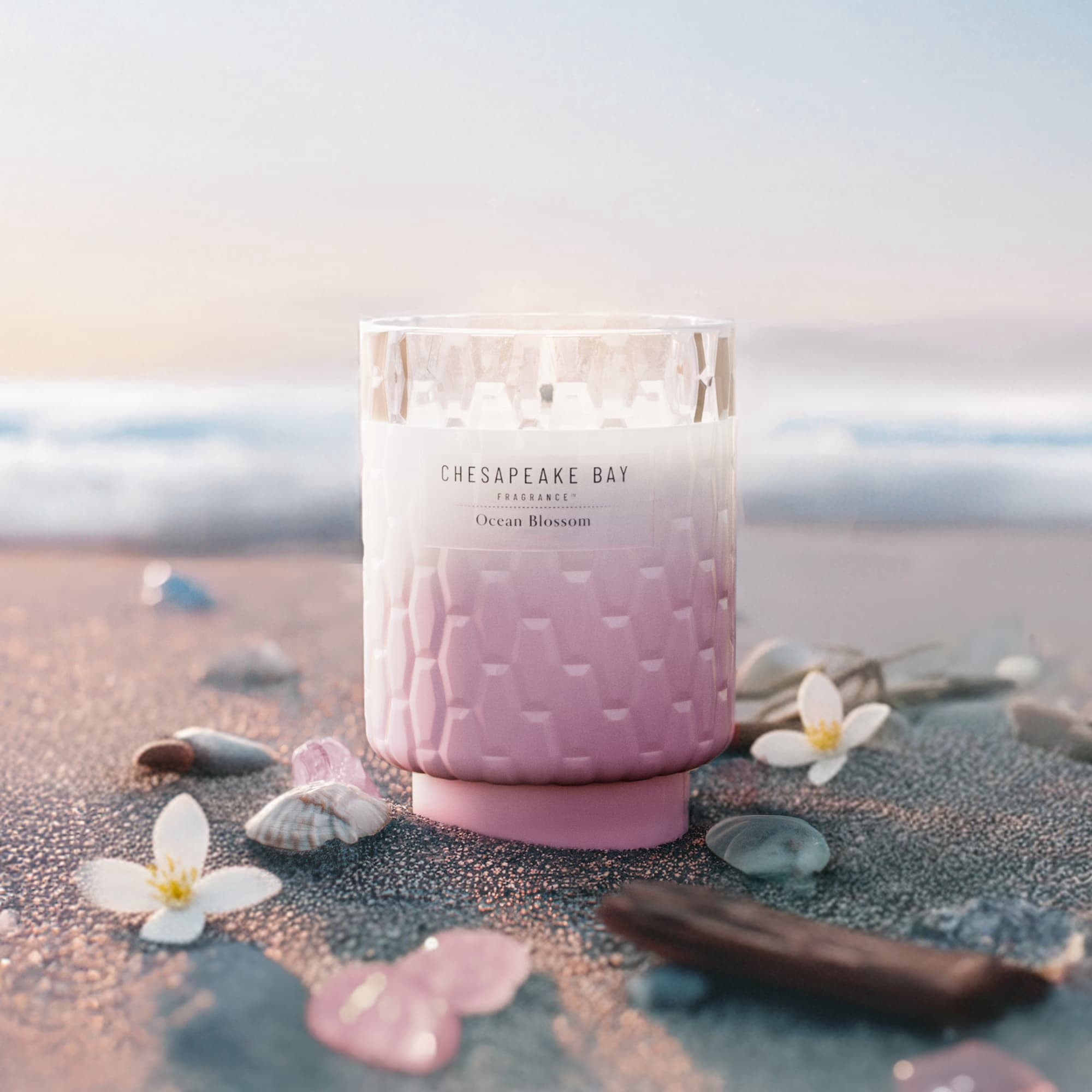 Chesapeake Bay Candle 8 oz | Ocean Blossom Scent |Exclusive Mood Evoking Fragrance |Textured Sea Glass-Inspired Jar | Premium Soy Blend Wax with Essential Oils