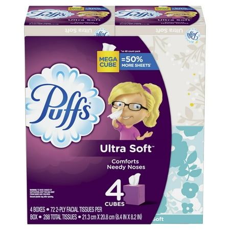 Puffs Ultra Soft Non-Lotion Facial Tissue, 4 Mega Cubes, 72 Facial Tissues Per