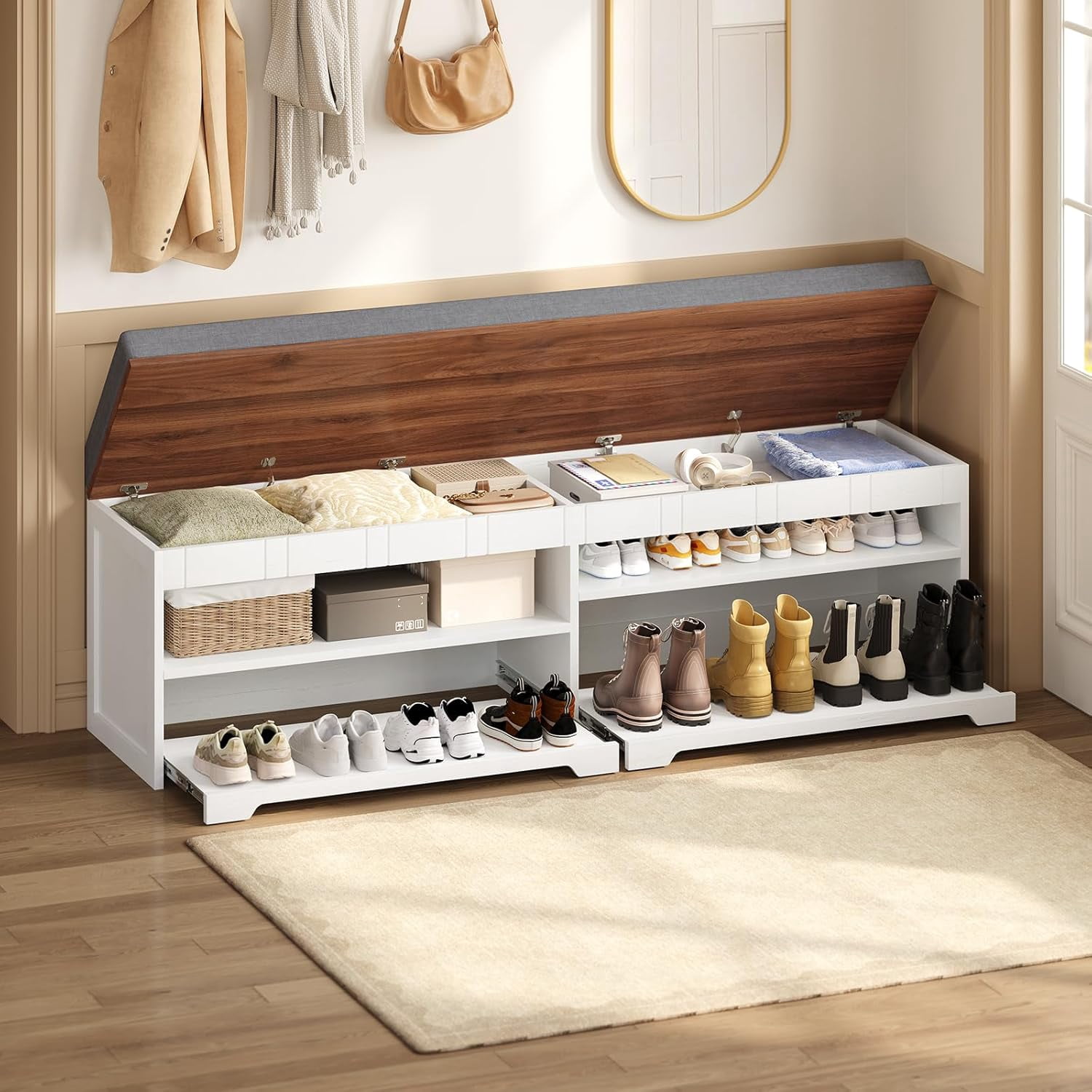 60" Farmhouse 2-Tier Storage Bench, Shoe Bench With Pull-Out Shoe Rack Organizer, Lift-Top Storage And Adjustable Shelf, Entryway Bench & End Of Bed For Entryway, Bedroom, Living Room, White