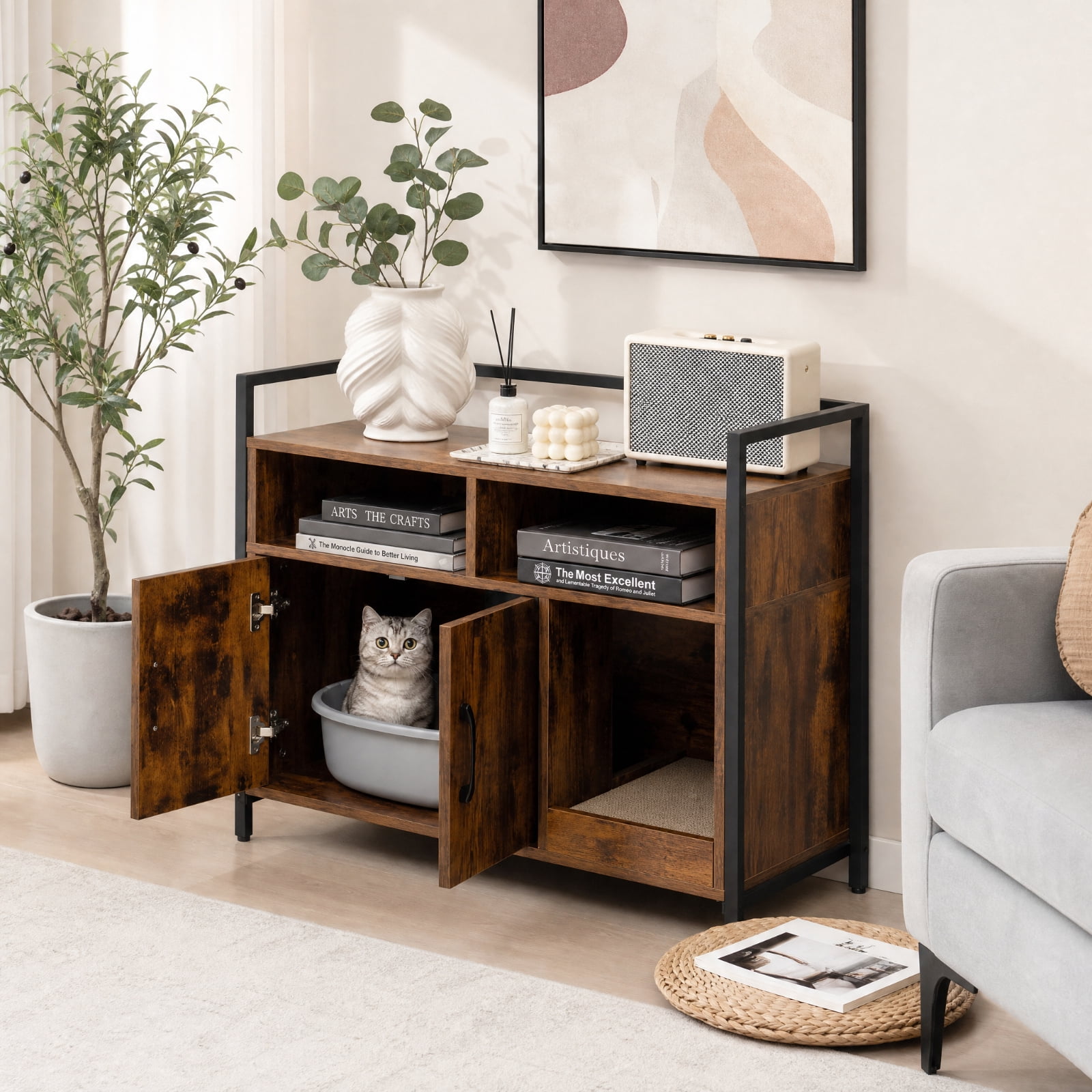 SUGIFT Hidden Cat Litter Box Furniture with Double Doors, Enclosed Cat Washroom Side Table Cabinet with Scratch Cardboard, Coffee