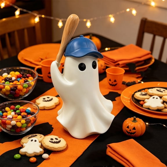 Baseball Ghost Figurines Halloween Decorations Indoor, Mini Ghosts Cute Halloween Desk Decor, Ghost Decorations Holding Baseball for Table Shelf